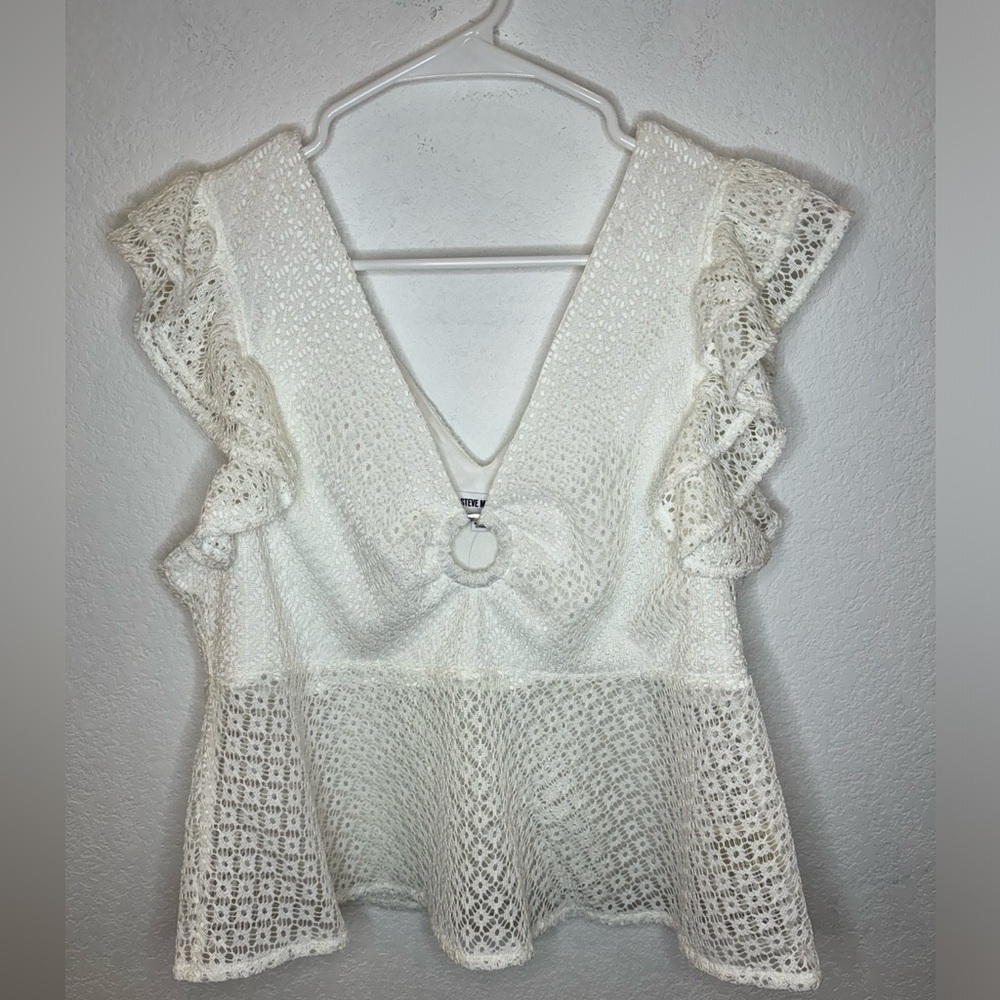 Steve Madden Lace Ruffle Keyhole Cropped Top - Picture 1 of 5